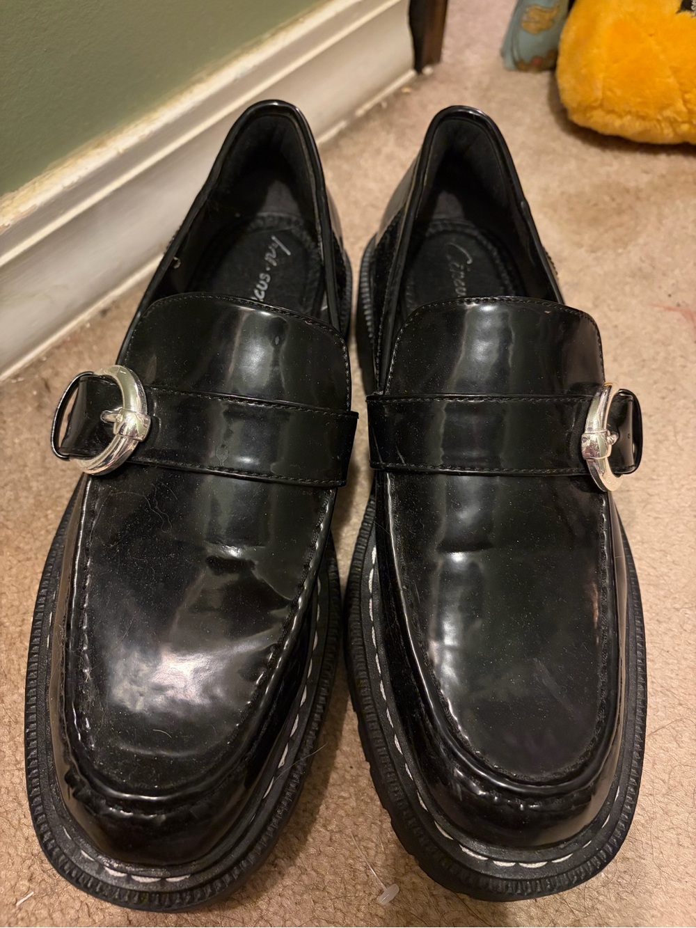Women’s Black Slip-On Dress Loafers with Silver Buckle